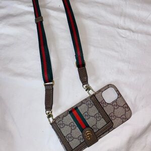 Designer-Style Monogram Crossbody Phone Case with Signature Web Stripe & Wallet